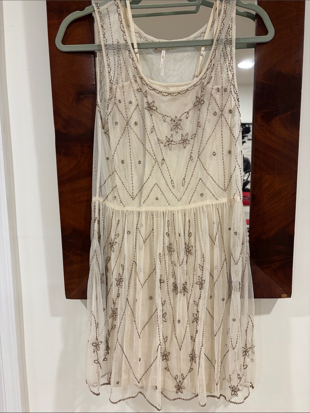 Free People Starry night beaded Ivory Sleeveless Mesh Dress w/ slip size small